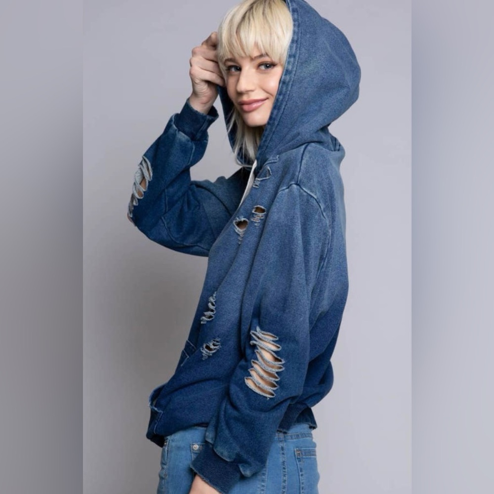 POL NWOT Ripped Distressed Indigo Zip Up Hoodie
